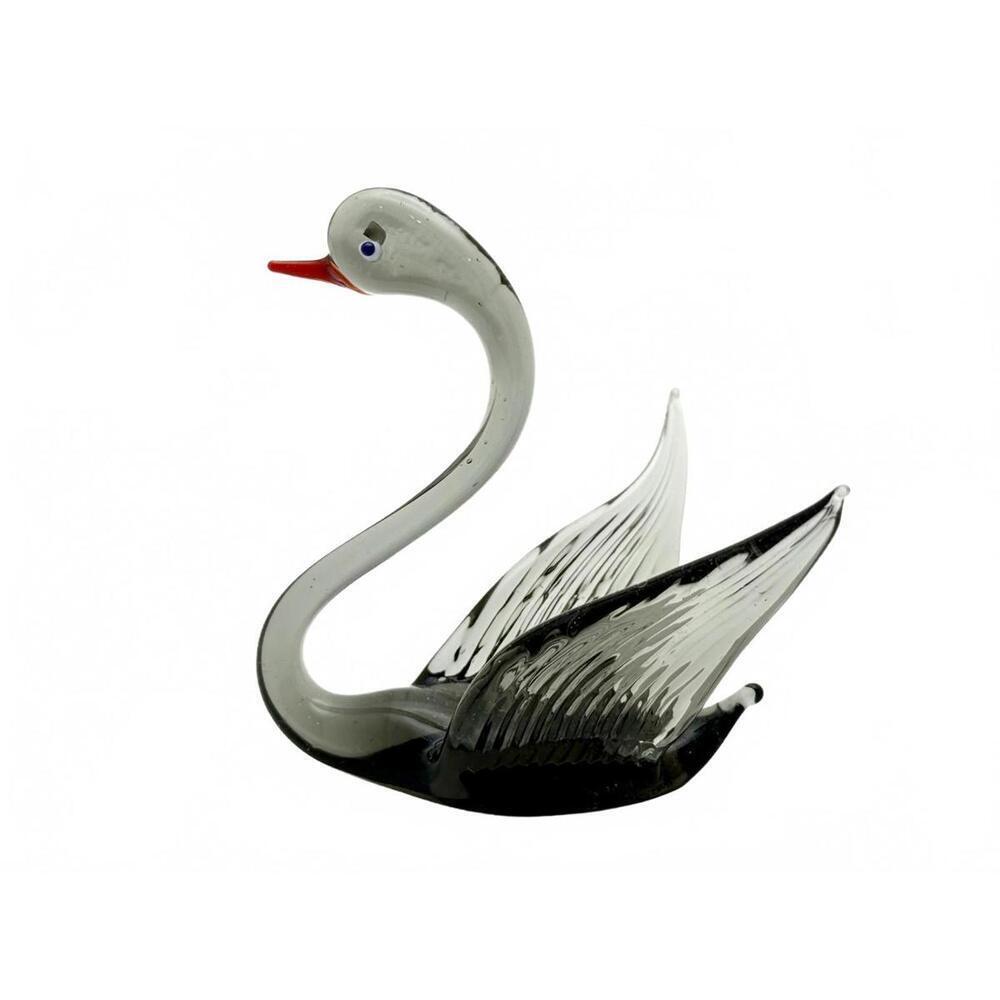 Vintage Mini Hand Blown Art Glass Swan Figurine Black Gray Red Beak Murano-Style